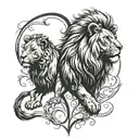 Create a tattoo of a lion and lioness facing each other, with their tails intertwined to form a heart shape, symbolizing the strength and unity of the couple tattoo design idea