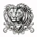 Create a tattoo of a lion and lioness facing each other, with their tails intertwined to form a heart shape, symbolizing the strength and unity of the couple tattoo design idea