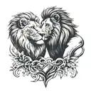 Create a tattoo of a lion and lioness facing each other, with their tails intertwined to form a heart shape, symbolizing the strength and unity of the couple tattoo design idea