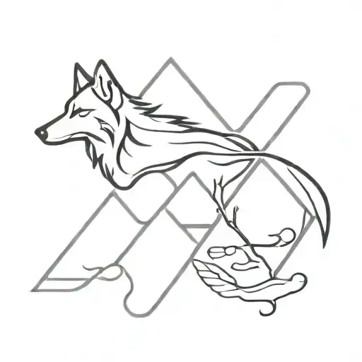 initials Y & K with wolf, branch, phoenix, space and innovator in black & white tattoo design idea