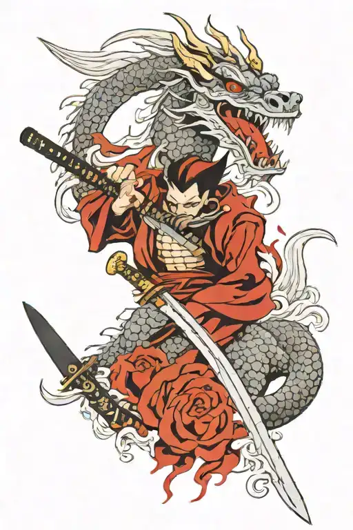 dragon and sanurai mask and katana sword tattoo design idea