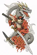dragon and sanurai mask and katana sword tattoo design idea
