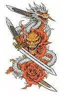 dragon and sanurai mask and katana sword tattoo design idea