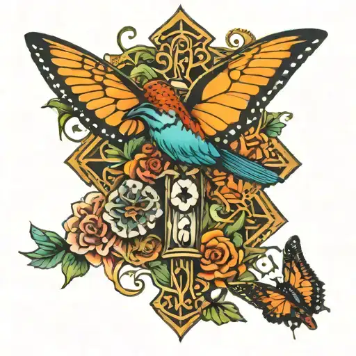 cross with a hallow and at the bottom a hummingbird, a butterfly, poker chips, and a Clemson tiger paw tattoo design idea