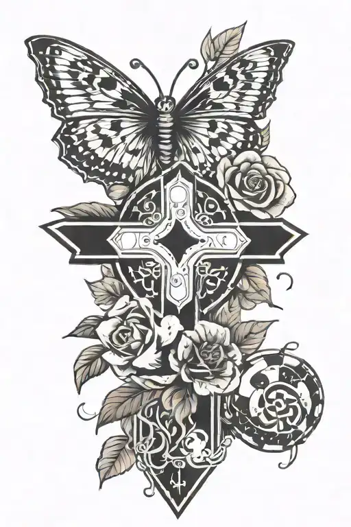 cross with a hallow and at the bottom a hummingbird, a butterfly, poker chips, and a Clemson tiger paw.  tattoo design idea