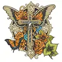 cross with a hallow and at the bottom a hummingbird, a butterfly, poker chips, and a Clemson tiger paw tattoo design idea