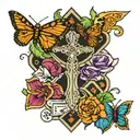 cross with a hallow and at the bottom a hummingbird, a butterfly, poker chips, and a Clemson tiger paw tattoo design idea