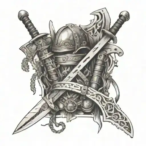 Pick packer with a collection of various swords, knives, and axes strapped to their back, ready for battle tattoo design idea