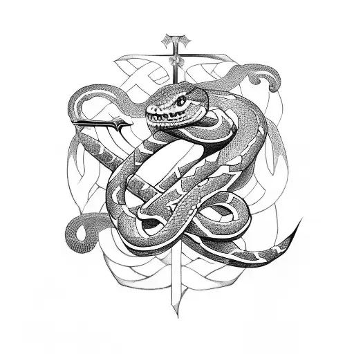 A sword-shaped cross wrapped around a snake trying to eat the earth tattoo design idea