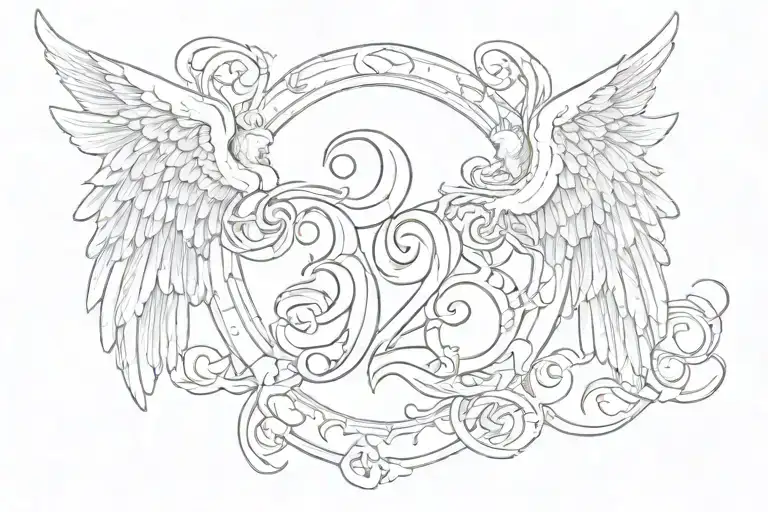 32 in old english font with angel wings coming out of the nunbers tattoo design idea