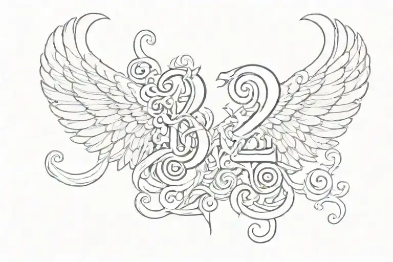 32 in old english font with angel wings coming out of the numbers tattoo design idea