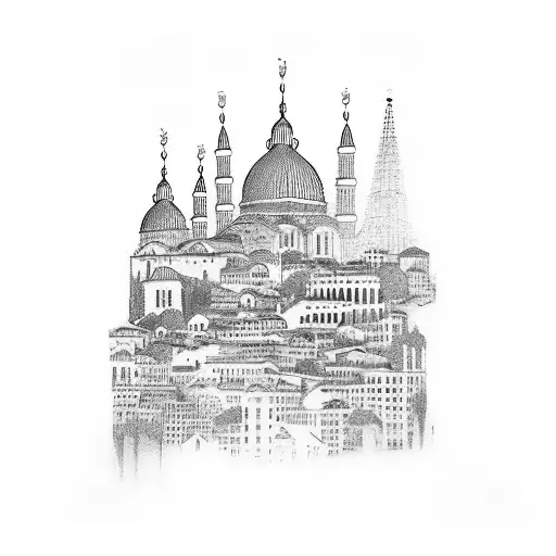 skyline tattoo with a building from Lisbon, Barcelona, Rome, New York, Brazil, Chile, London, Paris, istanbul, Athens  tattoo design idea