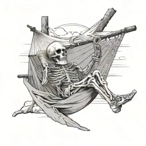 Skeleton in hammock on a beach holding a beer tattoo design idea