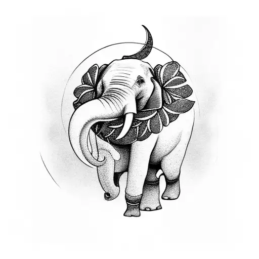Elephant with the moon in the background walking in a field of Dahlia flowers tattoo design idea