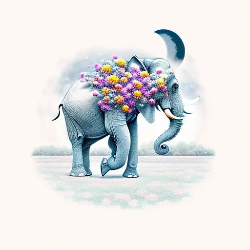 Elephant with the moon in the background walking in a field of Dahlia flowers tattoo design idea