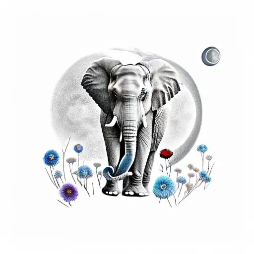 Elephant with the moon in the background walking in a field of Dahlia flowers tattoo design idea