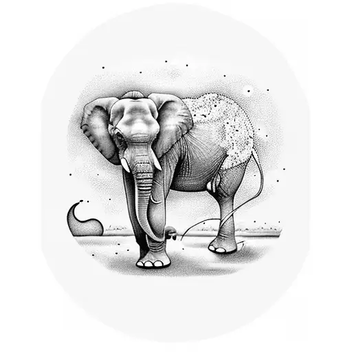 Elephant with the moon in the background walking in a field of Dahlia flowers tattoo design idea