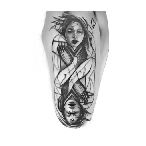 a woman holding a heart, with mandala behind and geometric figures covering the whole hand tattoo design idea