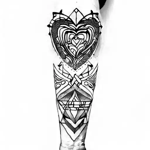 a woman holding a heart, with mandala behind and geometric figures covering the whole hand tattoo design idea