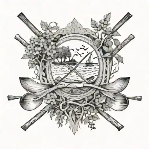 A family tree with hockey sticks and boat oars as branches, representing the client's strong family bond and hobbies tattoo design idea