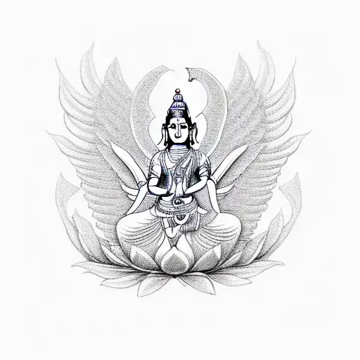 Sri lankan hindu temple, goddess saraswati's swan with its wings up, goddess lakshmi's white owl flying, mountain filler tattoo design idea