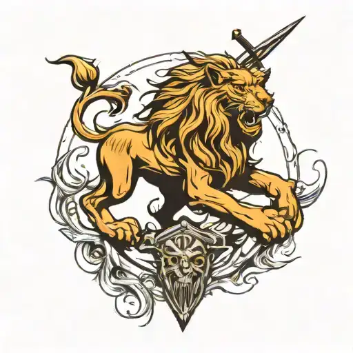 Witcher lion with swords going down the arm tattoo design idea