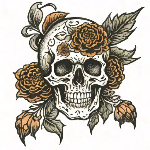 Skull and chrysanthemum flower tattoo design idea