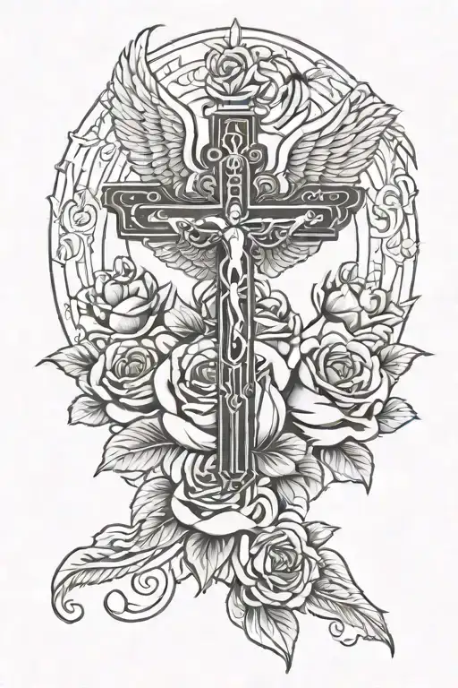 roses with a cross and wings spread wide and a angel tattoo design idea