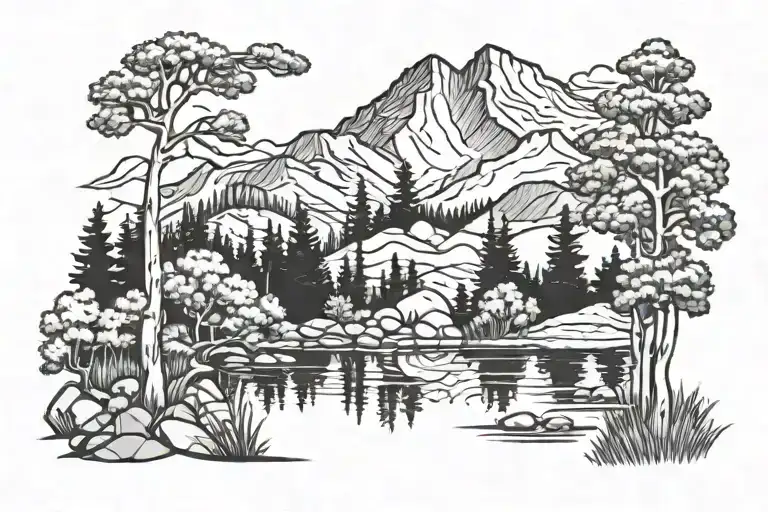 small mountain scene with pond in the foreground, with scattered evergreen trees behind it and 4 quaking aspen trees tattoo design idea