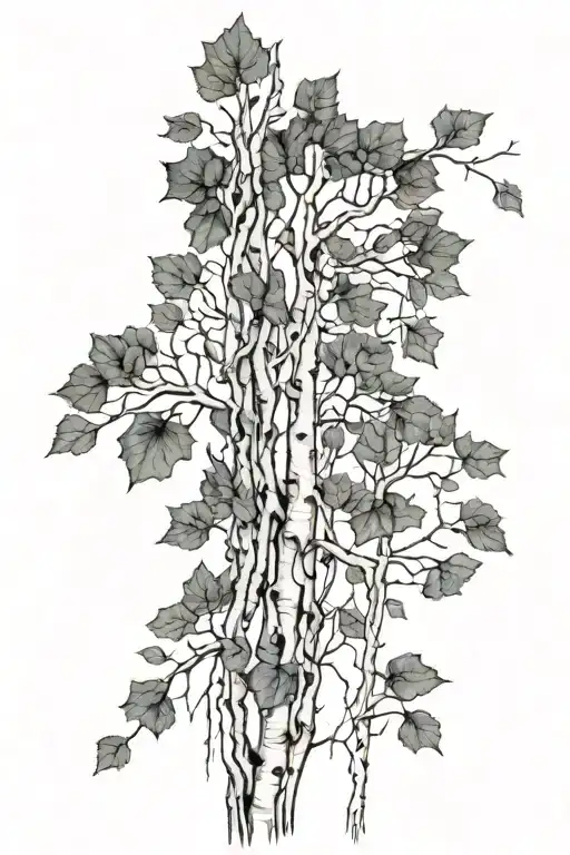 a cluster of 4 quaking aspen trees with roots that intertwine tattoo design idea