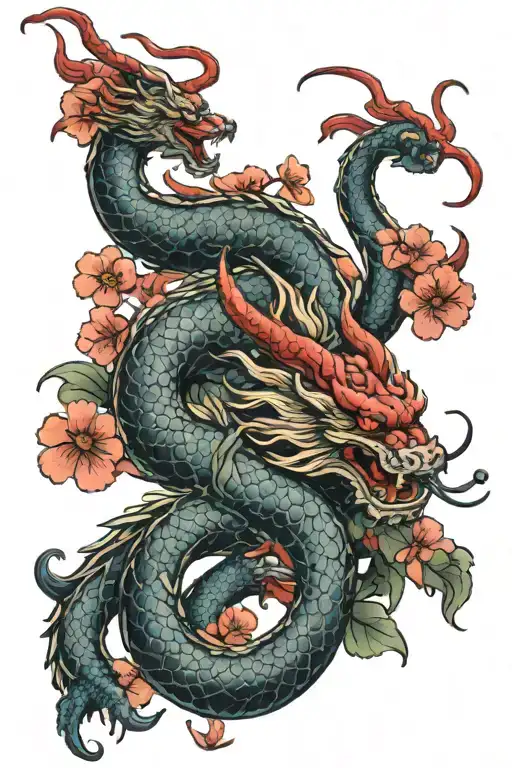 red celestial dragon and cherry blossom flowers intertwined tattoo design idea