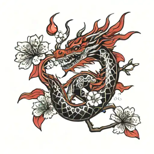 red celestial dragon and cherry blossom  tattoo design idea