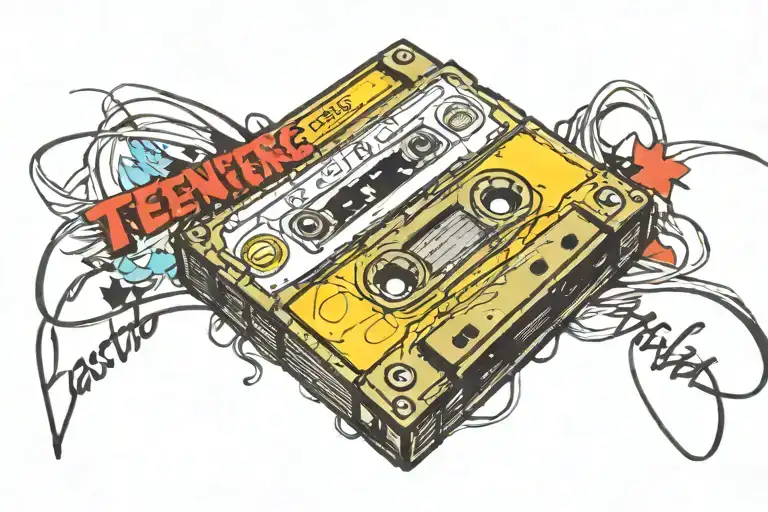 cassette tape with it labeled in teenager handwriting  “mixed feelings” top center of tape and “EST 1986” on  bottom lef tattoo design idea