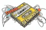 cassette tape with it labeled in teenager handwriting  “mixed feelings” top center of tape and “EST 1986” on  bottom lef tattoo design idea