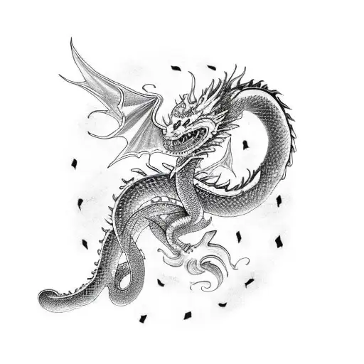 serpent-like Dragon rising to the sky using 4 elements fire earth wind and water tattoo design idea