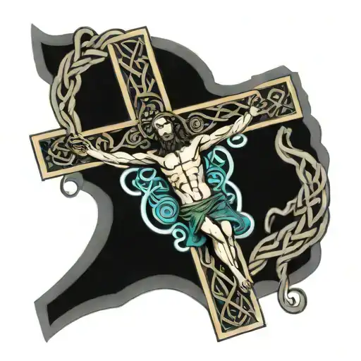 Jesus on the cross with Celtic knots and water elements   tattoo design idea