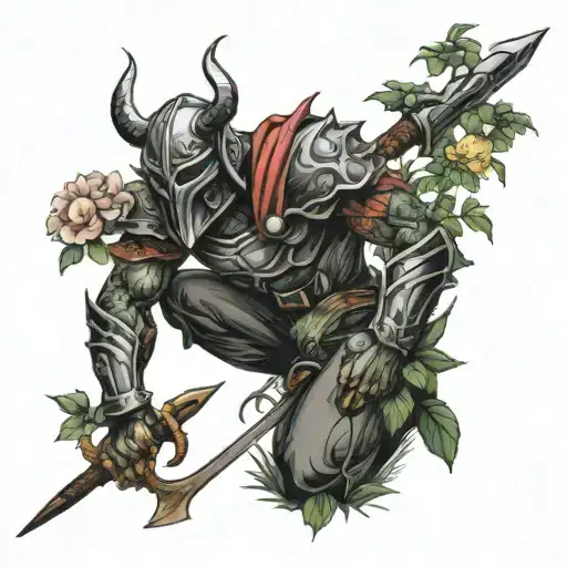 warrior in a garden scene tattoo design idea