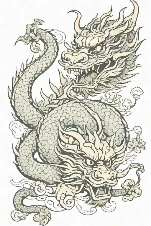 Chinese dragon with Japanese fighter mask surrounded tattoo design idea