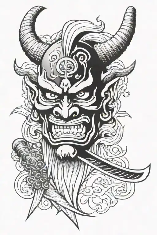 japanese oni mask with dagger piercing tattoo design idea