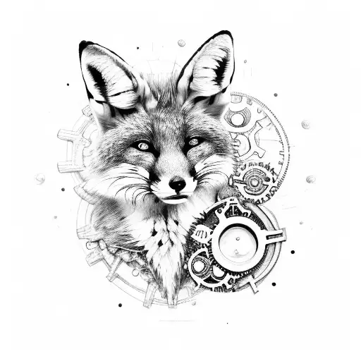 a biomechanics curled up fox made of cogs and gears tattoo design idea