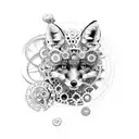 a biomechanics curled up fox made of cogs and gears tattoo design idea