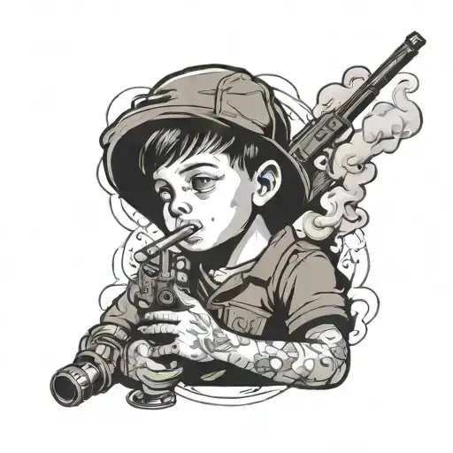 little boy smoking cigarettes and hold a gun in his hand tattoo design idea