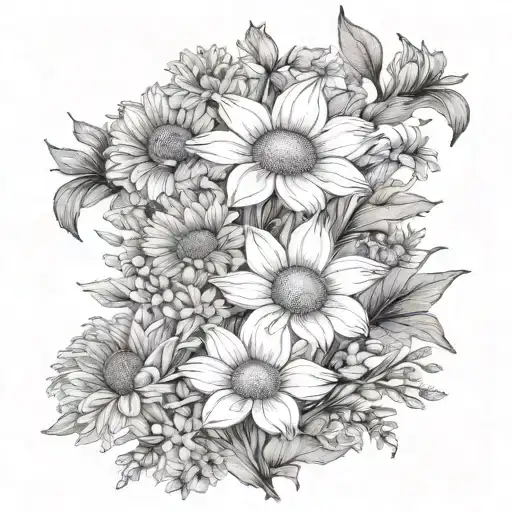 birth flower bouquet daisy, larkspur, gladiolus, poppy, cosmos, chrysanthemum tattoo design idea