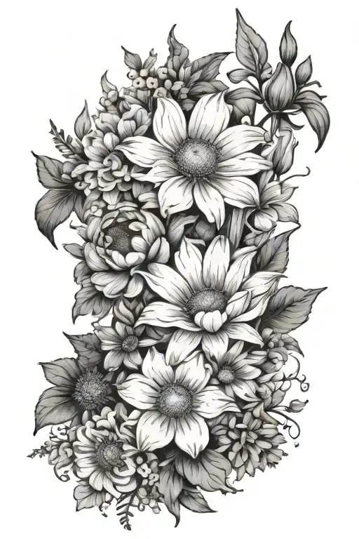 birth flower bouquet daisy, larkspur, gladiolus, poppy, cosmos, chrysanthemum tattoo design idea