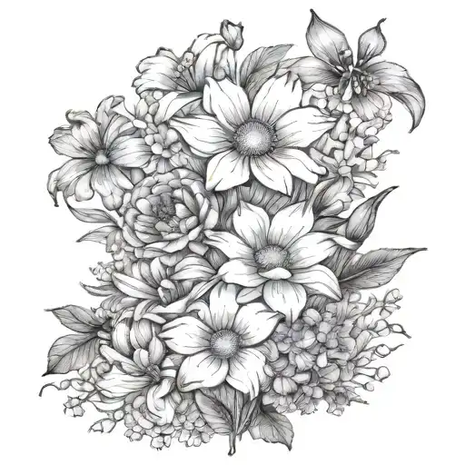 birth flower bouquet daisy, larkspur, gladiolus, poppy, cosmos, chrysanthemum tattoo design idea