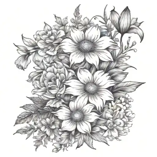 birth flower bouquet daisy, larkspur, gladiolus, poppy, cosmos, chrysanthemum tattoo design idea