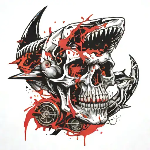 skull and shark eating tattoo design idea