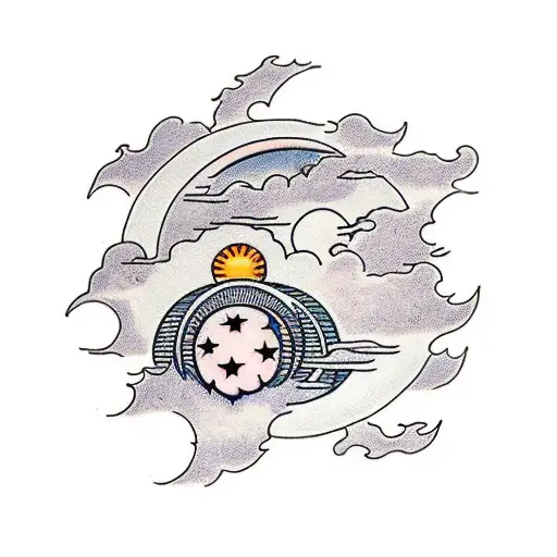 sun and moon surrounded by clouds and mini stars tattoo design idea