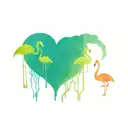 A whimsical scene of a family of flamingos and sloths playing together in a state-themed setting tattoo design idea