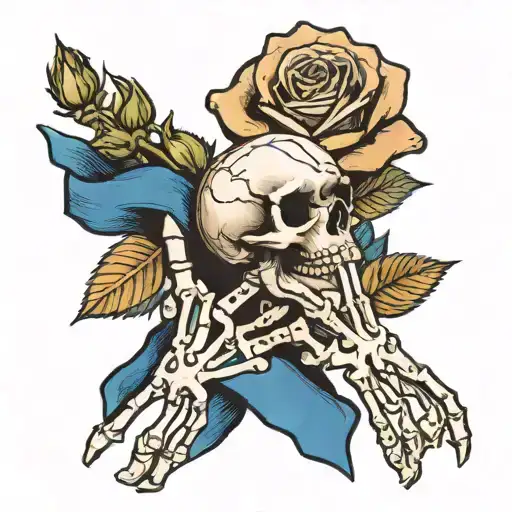 rose flower being held by skeleton hand wrapped in blue ribbon tattoo design idea